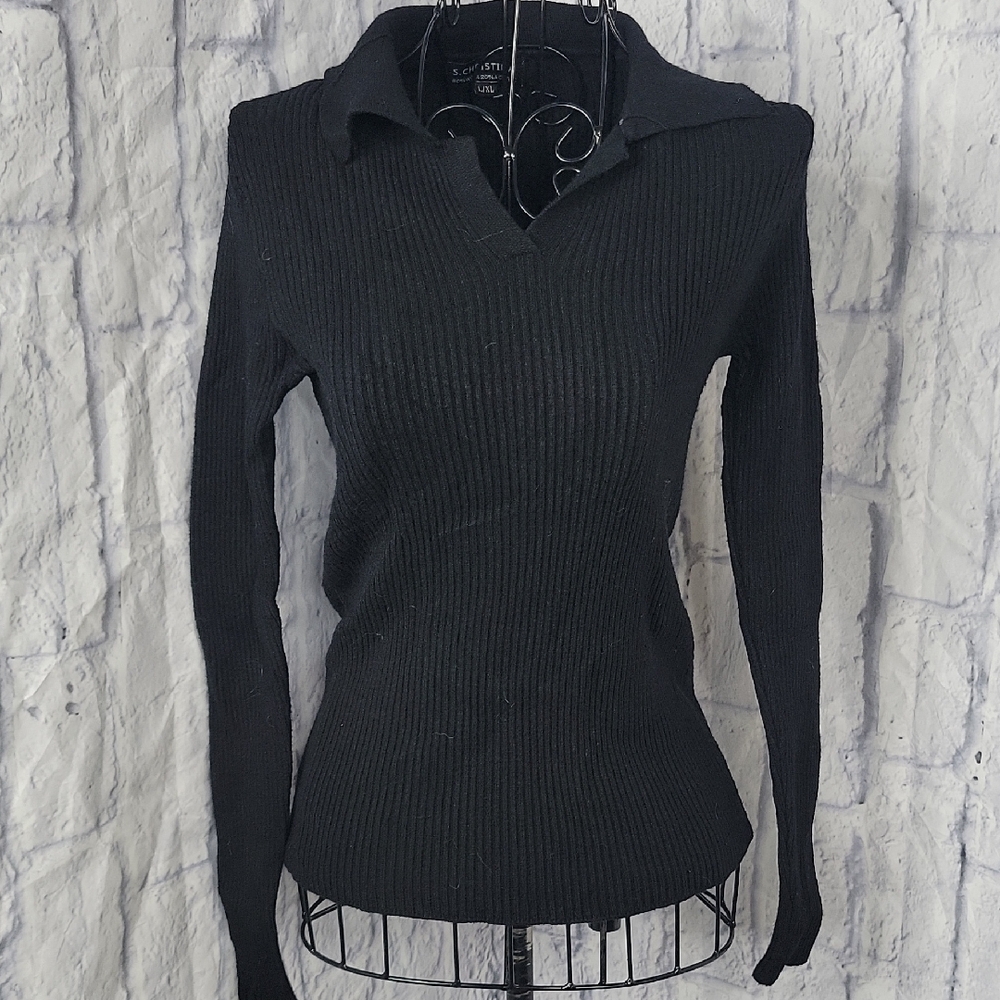 S. Christina Ribbed Knit Black V-Neck‎ Sweater L/XL